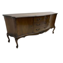 French design inlaid walnut serpentine sideboard, the crossbanding top with satinwood stringing and foliate inlay, fitted with three drawers flanked by cupboards, the chamfered uprights with moulded ribbon decoration, shaped apron with cabriole supports