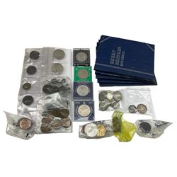 Great British and world coins, including part filled Whitman folders, various Great British pre 1947 silver coins including two shillings etc, Queen Victoria 1876 halfcrown, 1889 crown loose mounded on necklace and a small number of other pre 1920 silver coins, Great Britain 1970 proof coin set, commemorative crowns, Bank of England one pound note in frame etc