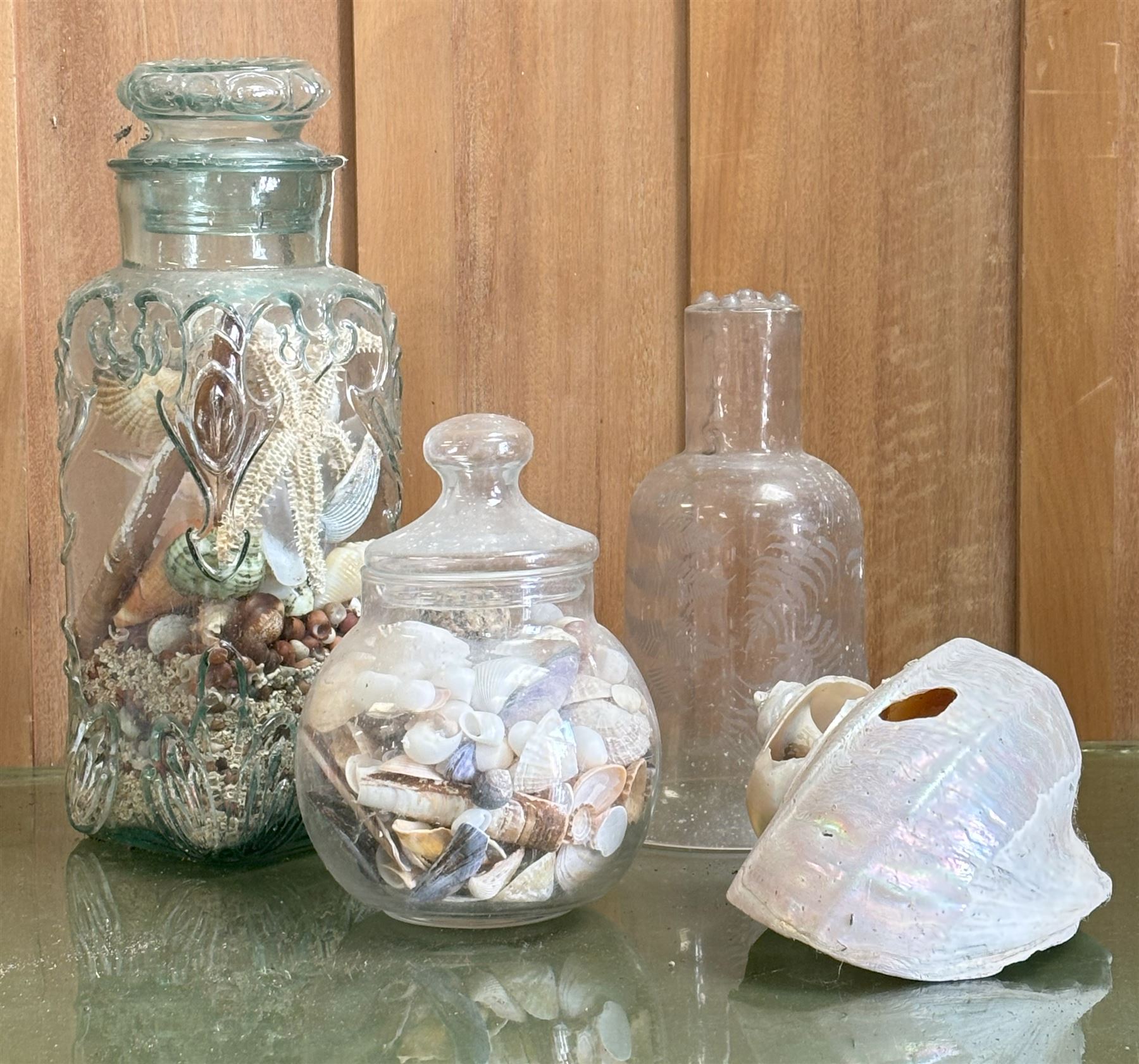 Early 20th century moulded glass confectionary jar with cartouche and scrolled decoration, containing a collection of seashells (H35cm) together with another confectionary jar with seashells inside (H20cm) an early 20th century etched glass fly catcher, and a large seashell (4)  - COLLECTION BY APPOINTMENT FROM: The White House, Thirsk Road, Easingwold, York, YO61 3NF - CALL 01723 507111 TO ARRANGE