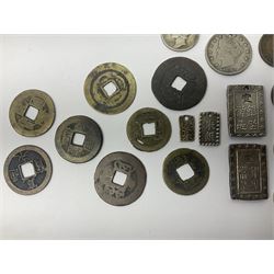 Coins, tokens, paranumismatic and miscellaneous items, including United States of America 1850 one cent, 1877 one dime, 1884 five cents, 1926 Liberty dime etc, Queen Victoria New Brunswick 1843 one penny token, East India Company 1845 half anna, Chinese cash coins, Grand Lodge of Maryland November 16th 1886 Centennial Session medallion etc