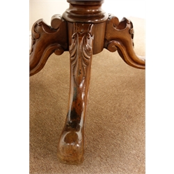  Victorian mahogany oval Loo table, moulded figured tilt top on vase turned column support with four leaf carved cabriole legs, brass socket and castors, W137cm, D108cm, H76cm  
