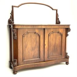 Victorian mahogany raised mirror back chiffonier sideboard, carved floral detail, two panelled cupboards enclosing two shelves, raised on turned supports