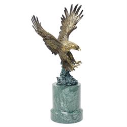 After Jules Moigniez - bronze figure of an eagle poised to attack, upon green marble base, overall H50cm