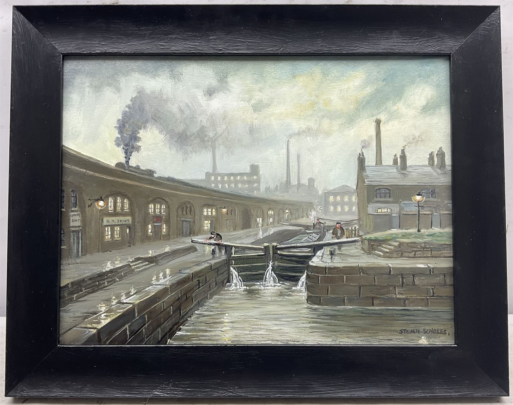 Steven Scholes (Northern British 1952-): 'Bridgewater Canal - Castle Field Manchester 1938', oil on canvas signed, titled verso 30cm x 40cm