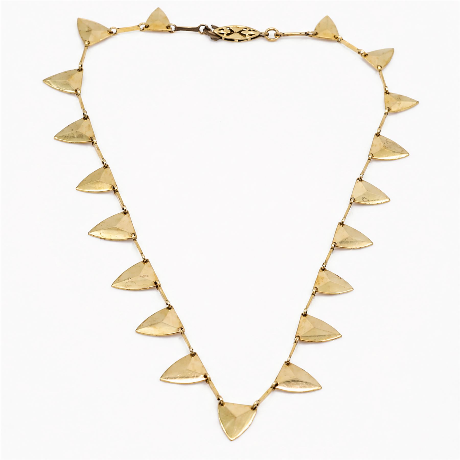 Gold graduating shield design link necklace, stamped 9ct