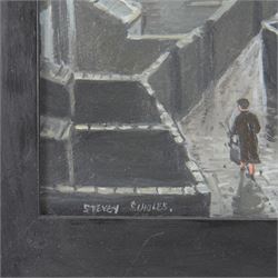 Steven Scholes (Northern British 1952-): 'Wet Roof Tops and Evans Fish & Chips Manchester', oil on board signed, titled verso 34cm x 27cm