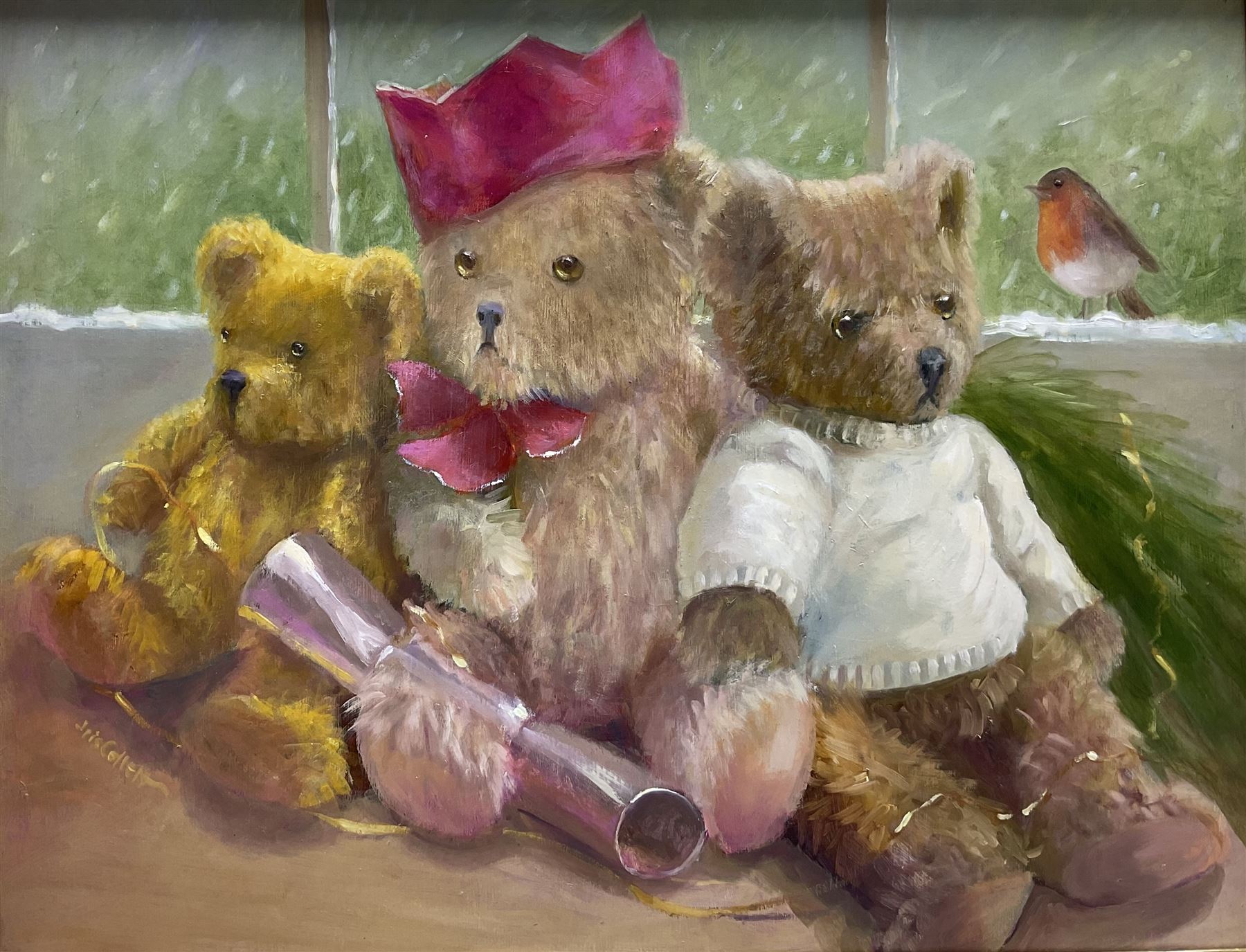 Iris Collett (British 1938-): Christmas Teddy Bears, oil on board signed 44cm x 58cm
Provenance: from the second and final part of the artist's studio sale collection