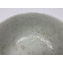 Pair of Chinese famille jaune bowls, decorated in green enamel with a dragon chasing a flaming pearl amongst clouds, upon a yellow ground, the interior decorated to centre with dragon, with six character mark beneath, D17.5cm