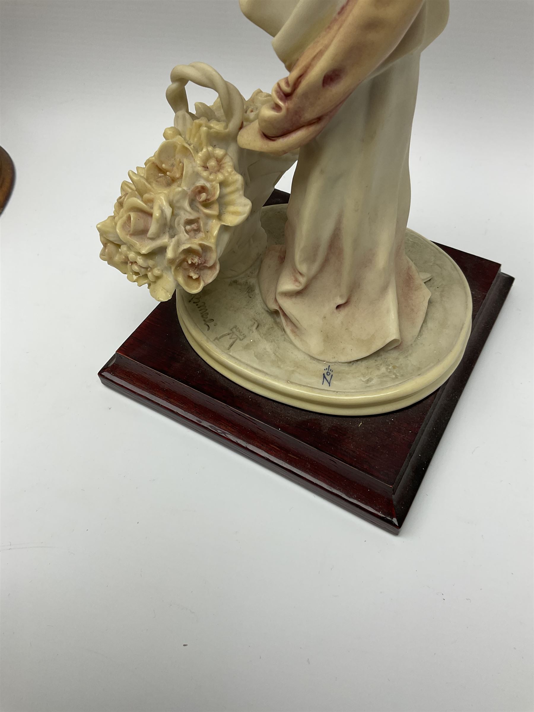 A small pair of Sitzendorf figures modelled as shepherd and shepherdess, H10.5cm together with a Dresden porcelain figure modelled as a female figure playing the piano, H17cm, a Naples figure with floral bouquet, H27.5cm,  a Naples figure holding a dog, H33cm, and a Leonardo Collection figure, Interlude, H24cm. 