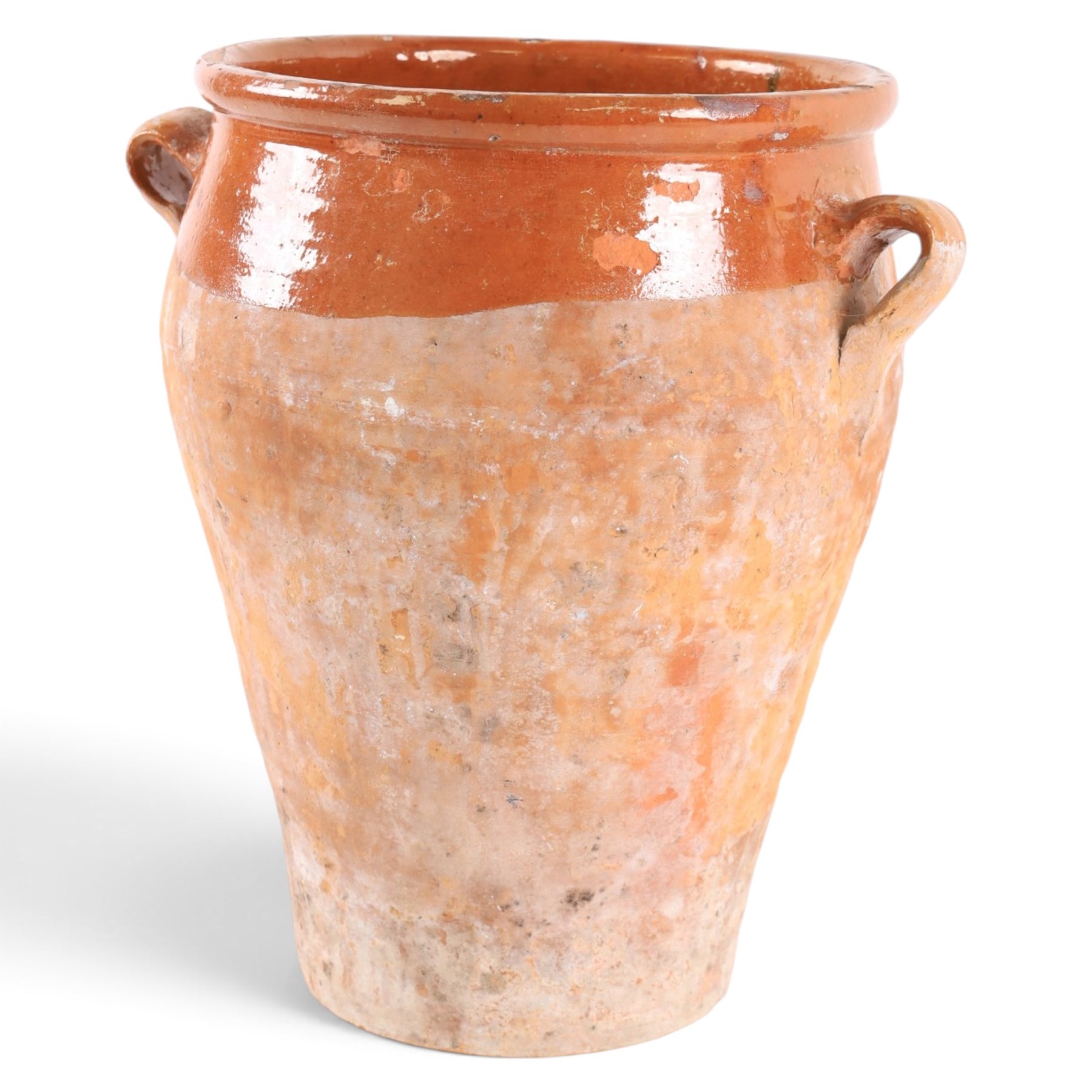 Spanish terracotta twin handled olive jar, of typical baluster form with orange glaze decoration, H34cm