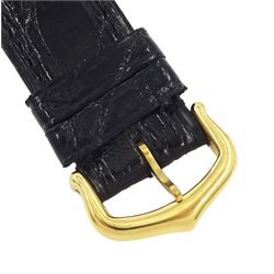 Must de Cartier Tank silver-gilt manual wind wristwatch, black dial with Roman hour markers, hallmarked, on Cartier black leather strap, with gilt buckle, boxed with service papers dated 1994
