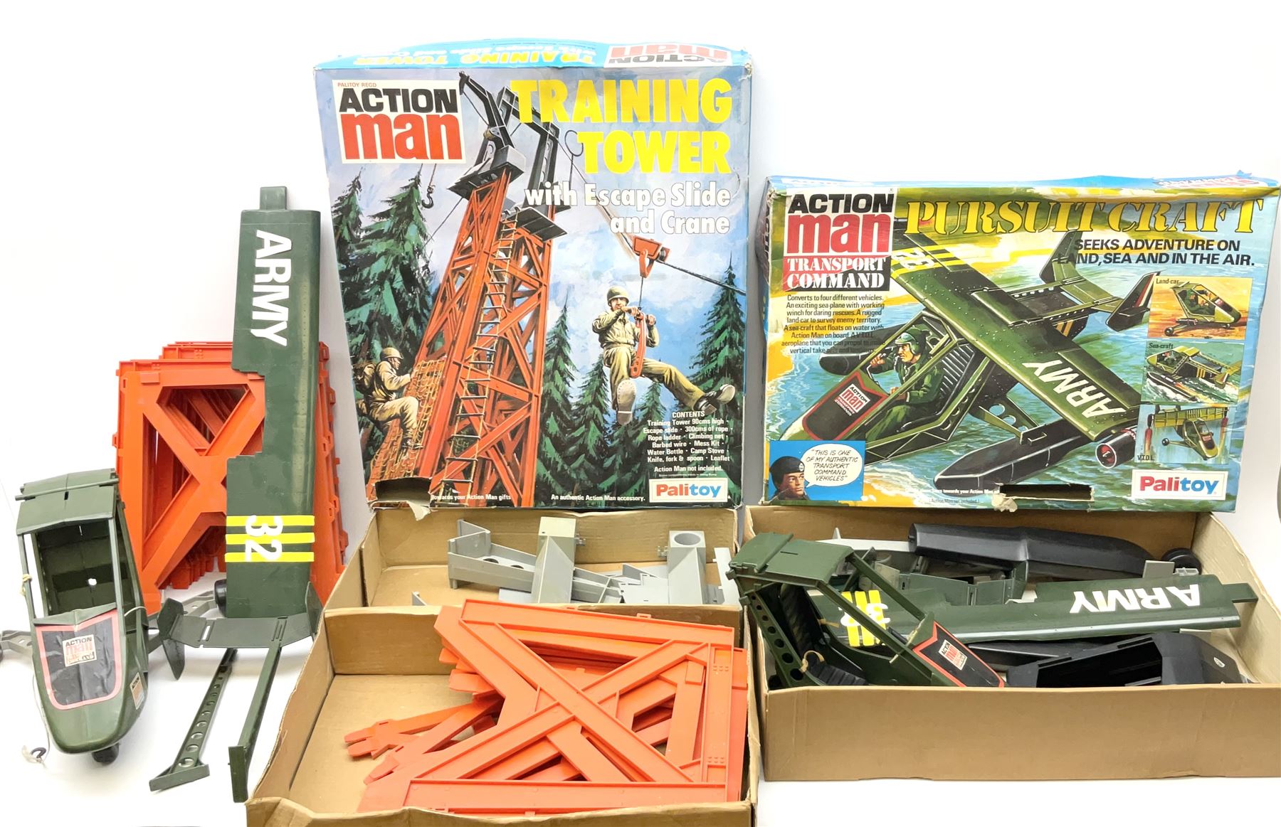 Palitoy Action Man - boxed Pursuit Craft and another unboxed part craft; together with a boxed Training Tower and another unboxed part tower