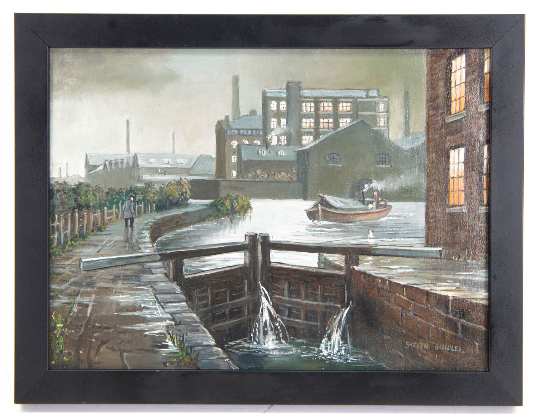 Steven Scholes (Northern British 1952-): 'The Rochdale Canal - Dale St Basin - Manchester 1962', oil on canvas signed, titled verso 29cm x 39cm