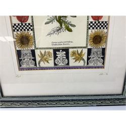 Pair of embroidered panels worked with floral studies of Greater Sunflower and Double Blew-Bottles, by Kirsten Bell, signed and dated '94, housed in glazed frames, W33cm. H43.5cm