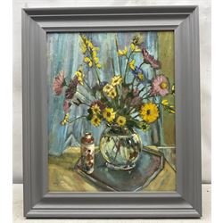Margaret Micklethwaite (British fl.1966): Still Life of Flowers in a Vase, oil on board signed 49cm x 39cm