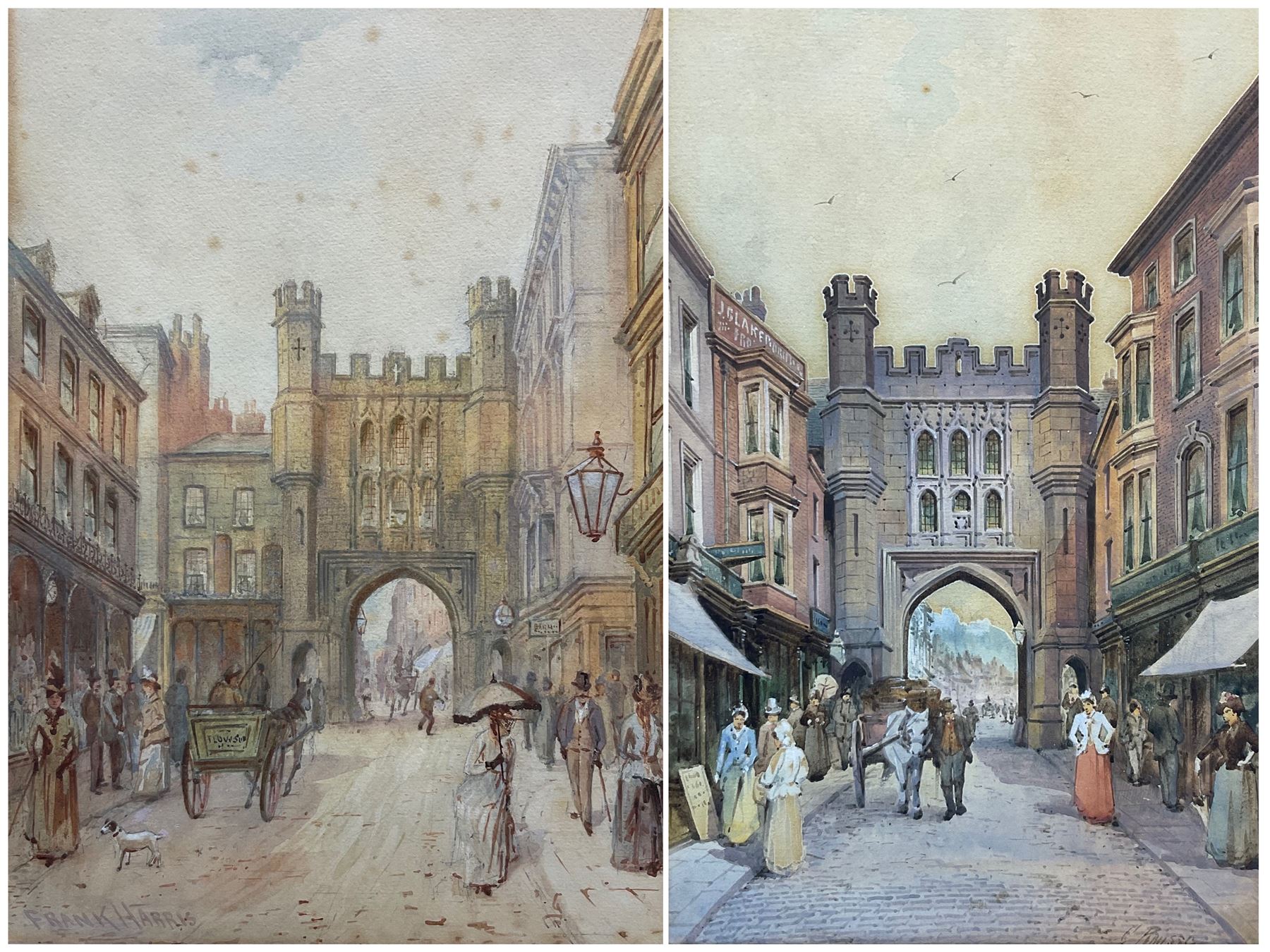 Charles Rousse (British fl.1870-1890): Newborough Bar - Scarborough, watercolour signed; Frank Harris (British 19th century): Scarborough Victorian Street Scene, watercolour signed max 34cm x 24cm (2)