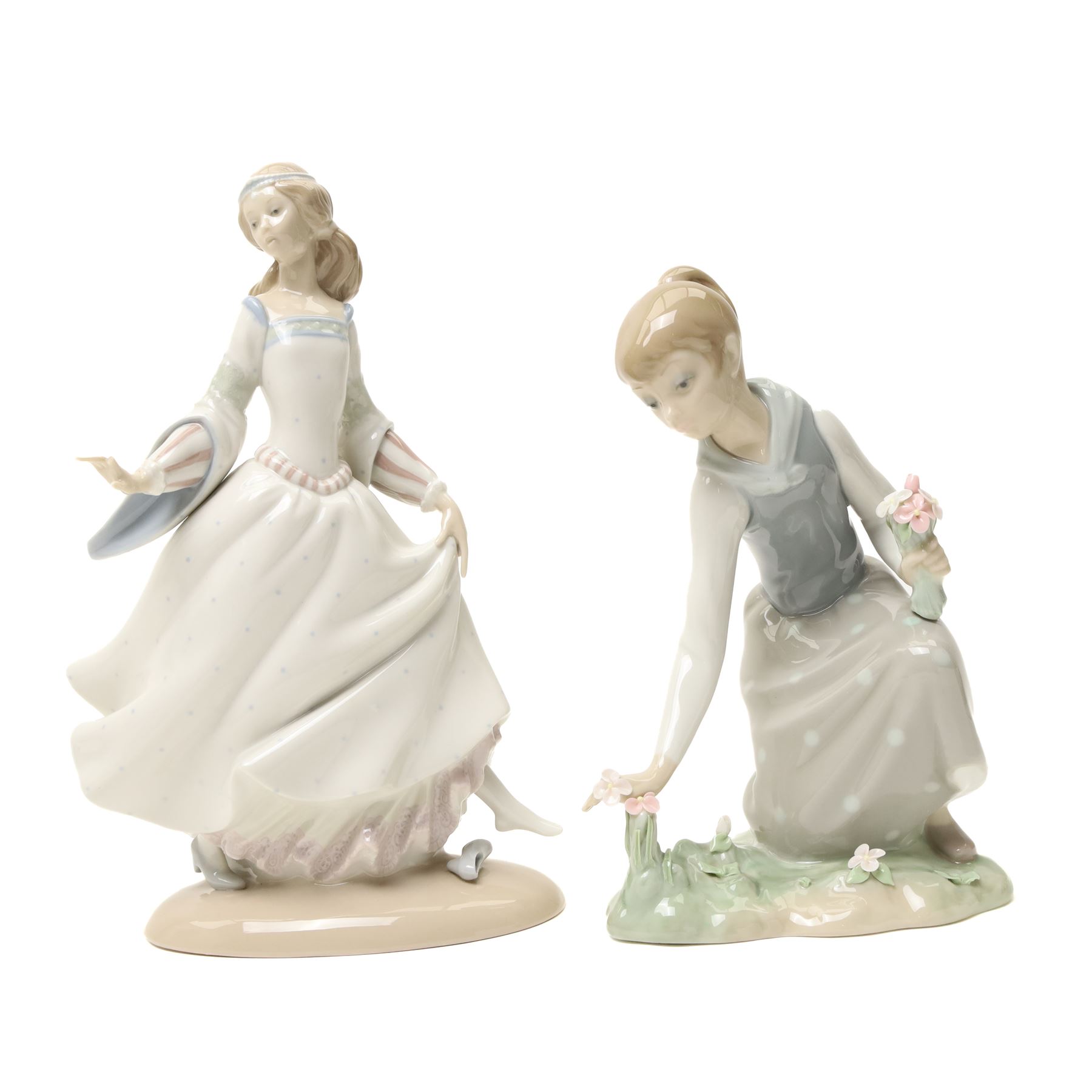 Four Lladro figures and two Nao examples, including Cinderalla, girls picking flowers, girl sewing, etc (6)