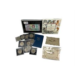 Collection of Great British commemorative coins, to include Commonwealth games £2 coin, H.M. Queen Elizabeth silver jubilee, Royal wedding commemorative crown etc, together with book of Britain's first decimal coins, framed George Best £5 note and two victorian Mrs Caudle's curtain lecture cards 