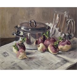 Neil Tyler (British 1945-): Still Life - Turnips and Pan, oil on canvas signed and dated '02, 44cm x 53cm