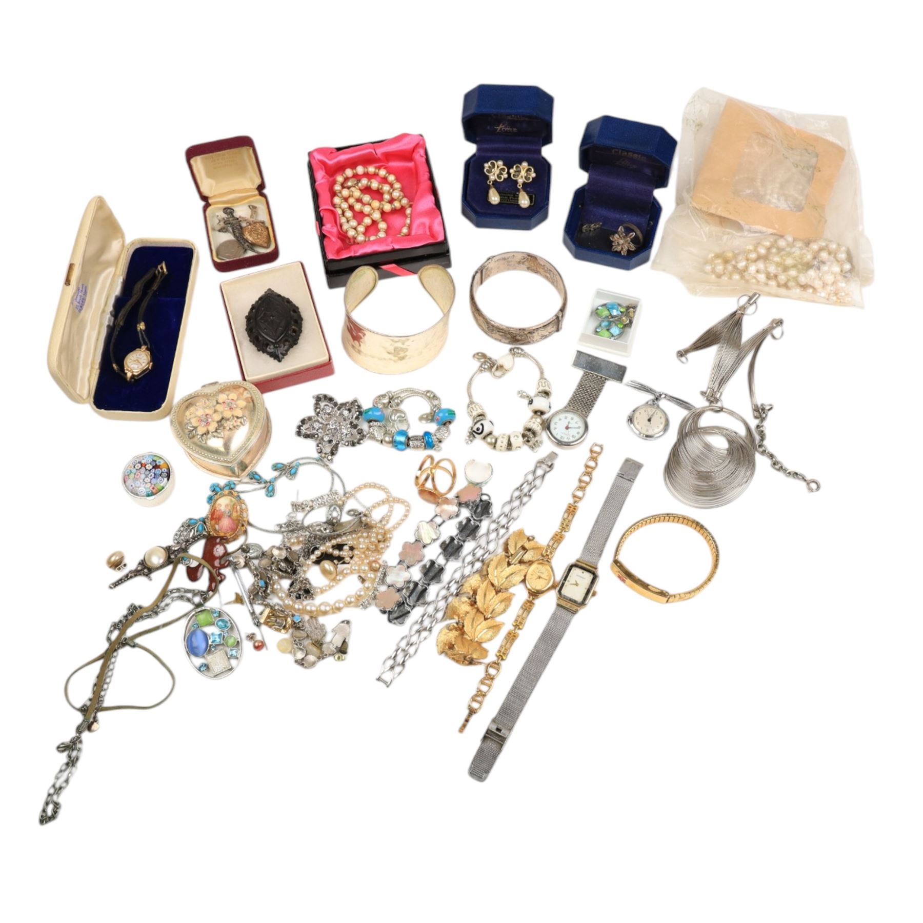 Silver jewellery, including bangle, ring and earrings, collection of costume jewellery and wristwatches