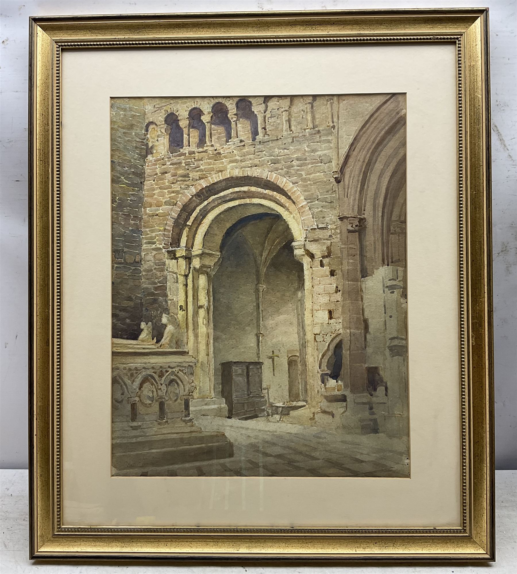 A J Robertson (British 19th Century): 'Holy Trinity - Falaise Normandy', watercolour signed, titled on original label; Walter Schroder (British 19th/20th Century): Church Altar and Interior, watercolour signed; together with a Norman Jackson watercolour and another print max 47cm x 35cm (4)