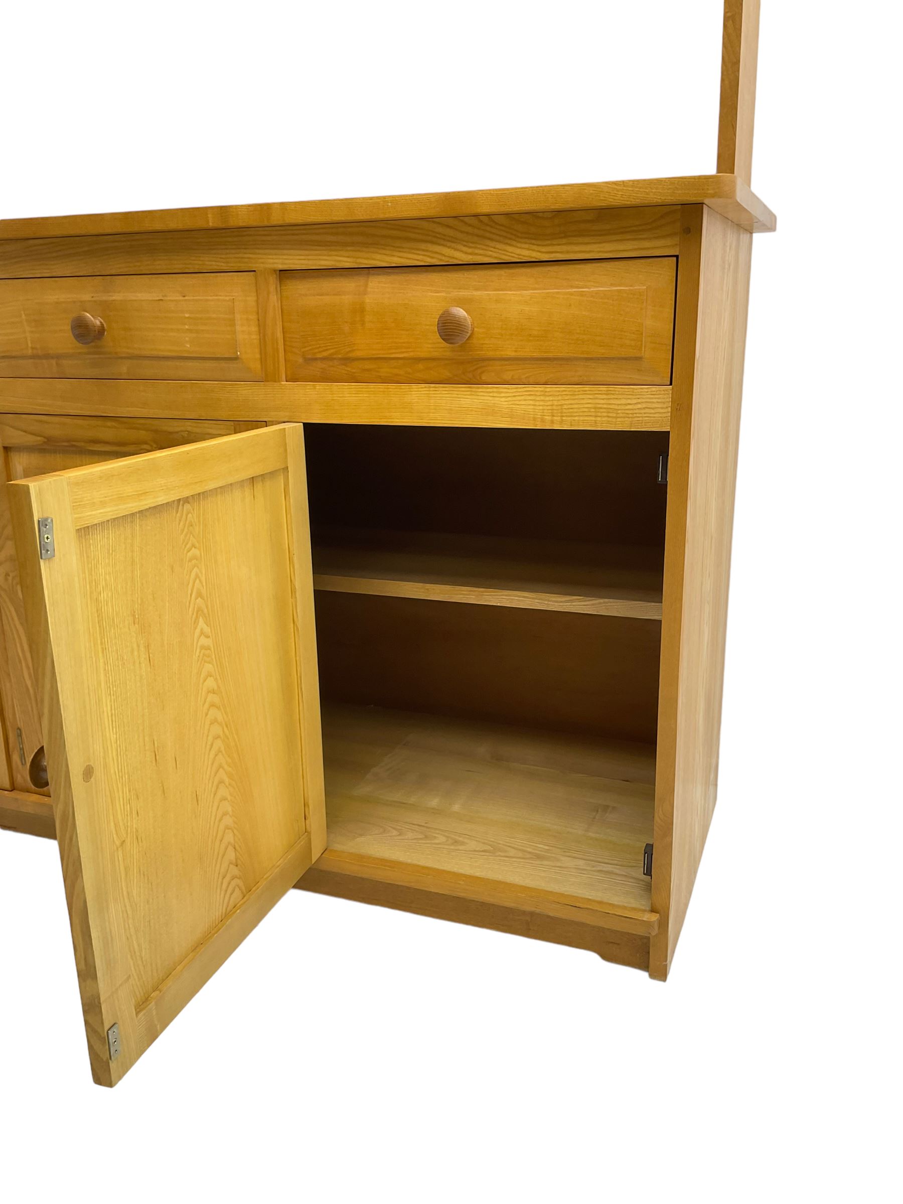 Treske - ash dresser, raised three height plate rack over three drawers and three panelled cupboards