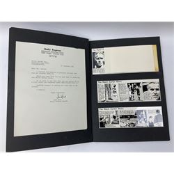 Raich Carter interest - scrap book of a series of articles on his life story for 'Answers' Aug - Oct 1949; scrap book of a proof set of cartoon strips for the Daily Express entitled 'The Raich Carter Story' with accompanying letter dated Dec 1963; photograph of Carter as the only English Schoolboy International to play for two years; photograph of Carter shaking hands with George VI before an England International; two photographs of the '100 years of the FA Cup' match at Wembley; and other paper ephemera. Provenance: By direct descent from the family of Raich Carter having been consigned by his daughter Jane Carter.