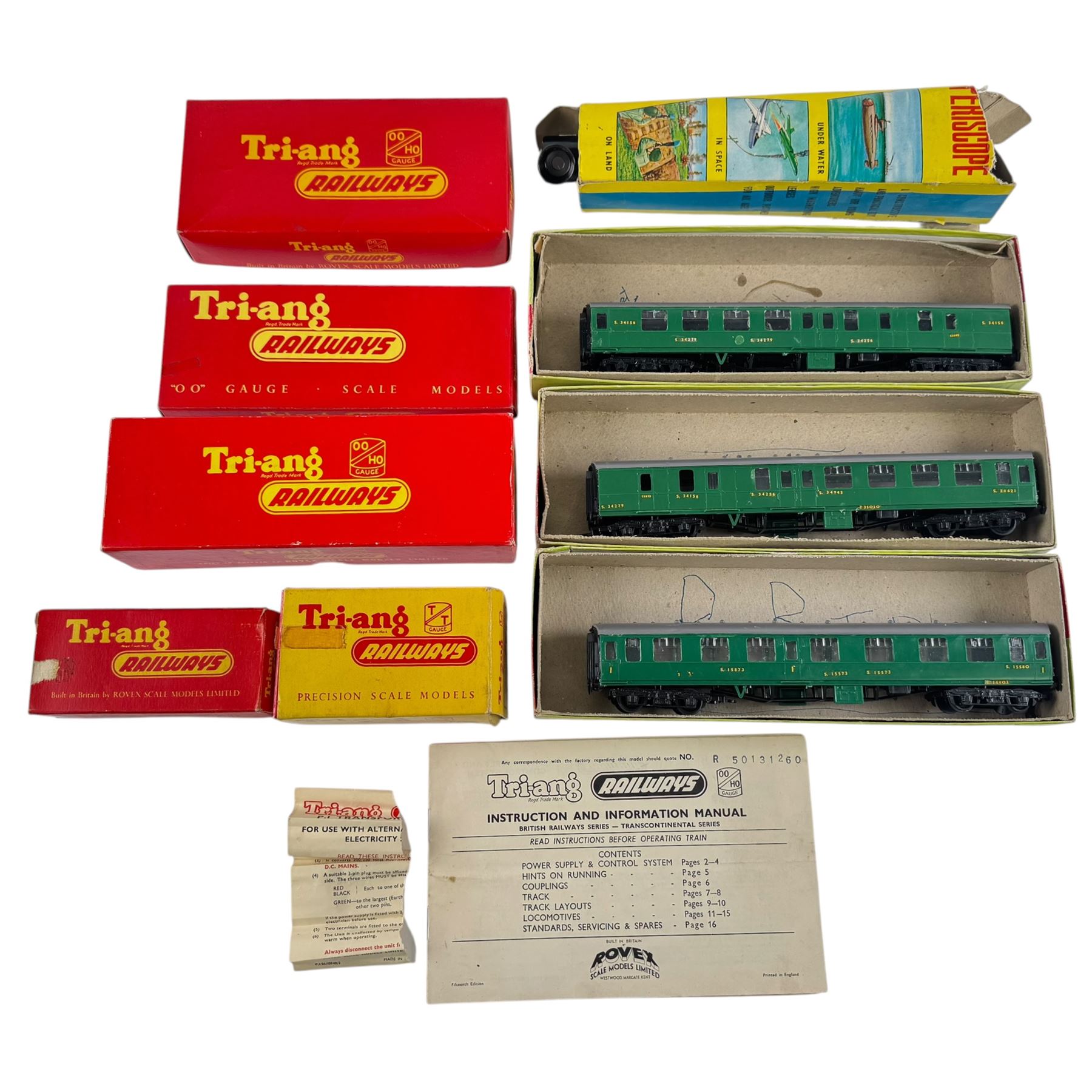 Collection of Tri-ang Railways OO gauge locomotive models including R50 4-6-2 Princess Victoria Black Livery and various accessories; three Kitmaster Corridor Composite OO gauge kit built model in green, together with a collection of die-cast toy vehicles including Clifford Series Ferrari Racing Car and M.G.B, mostly boxed
