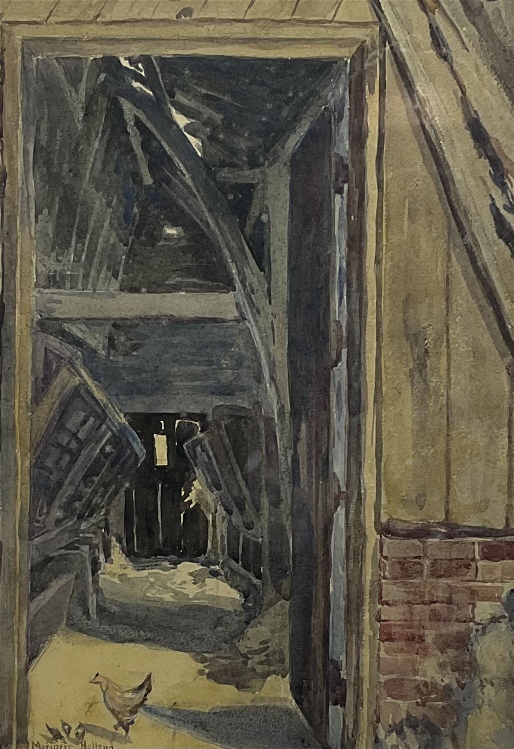 Marjorie Holland (British early 20th century): 'Interior of an Old Barn - Little Norton', watercolour signed, titled verso 30cm x 20cm; English School (early 20th century): Street Scene, watercolour unsigned 36cm x 23cm; Continental School (19th/20th century): 19th Century Market Scene, watercolour signed with initials JMC 17cm x 19cm (3)