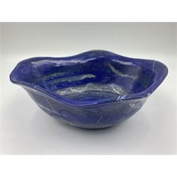 Carved bowl, flat-bottomed bowl carved from a single piece of Lapis lazuli with flared rim, H8cm, L21cm