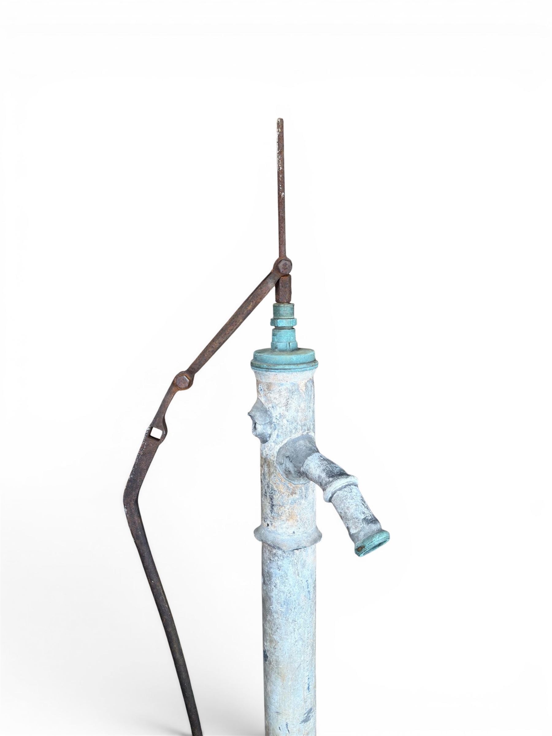 Georgian period lead garden water pump, with iron handle, set in square stone base