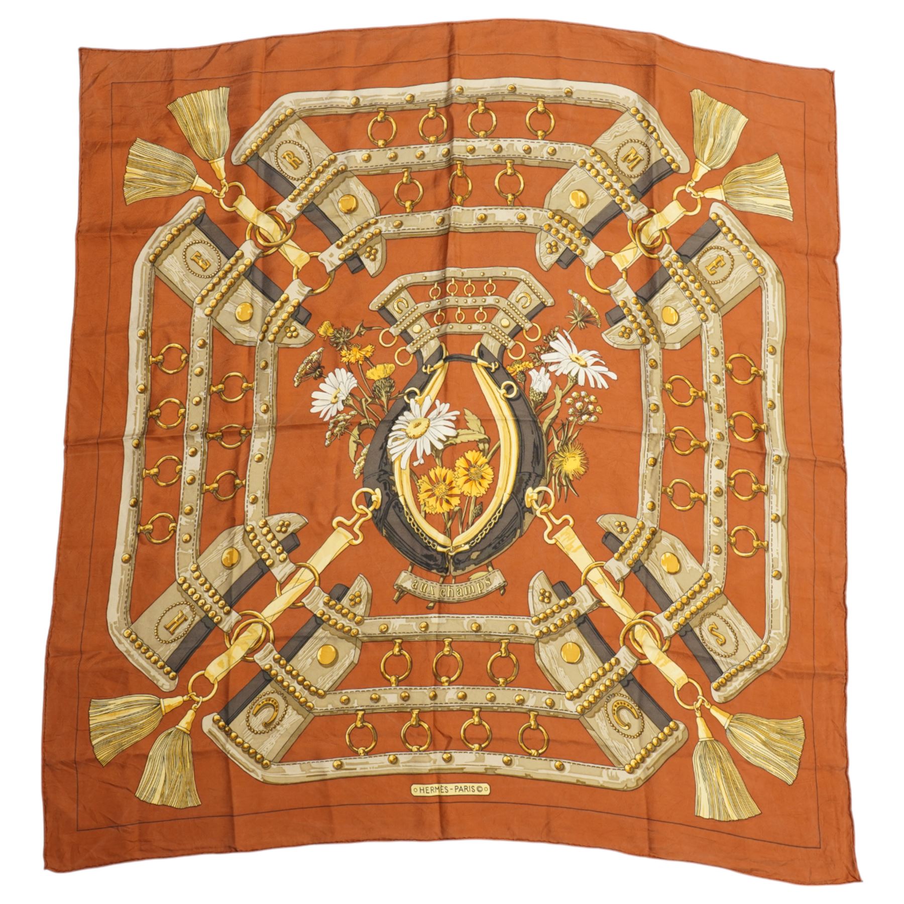 Hermes 'Aux Champs' silk scarf, in ochre and gold colourway, designed by Cathy Latham, 84cm x 86cm 