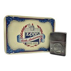 Zippo 60th anniversary lighter, dated 1932-1992, in commemorative tin