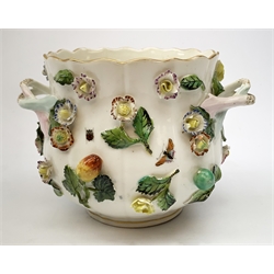 A Potschappel pot, with encrusted flower decoration and painted insects, H12cm.