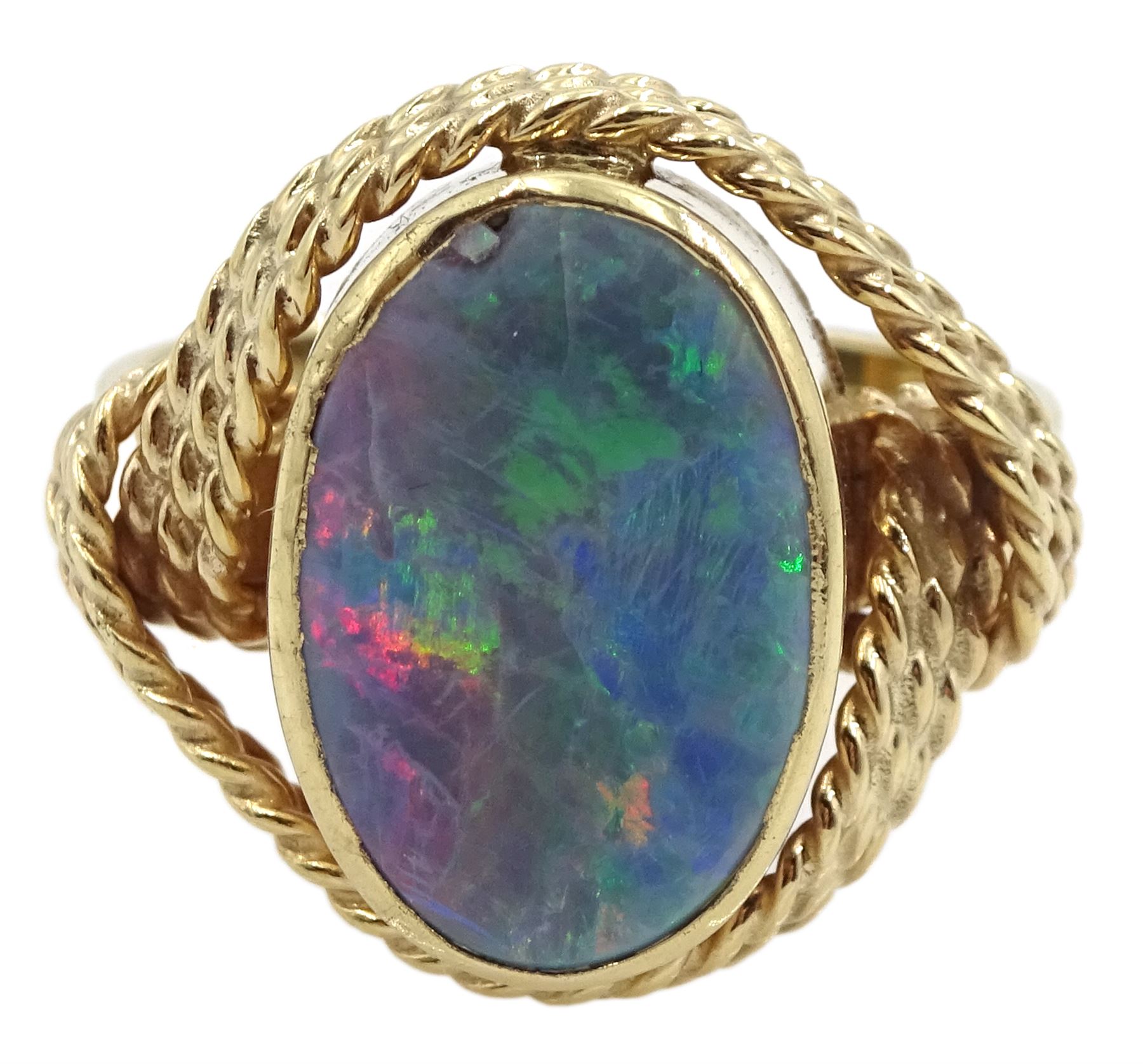 Gold oval opal doublet ring with rope twist design gallery, stamped 9ct
