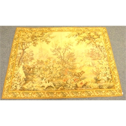  French Panneaux Gobelins machine woven tapestry wall hanging, featuring a woodland landscape looking towards a small village surrounded by various animals and flowers within a floral landscape, bearing label, H157cm x L214cm    