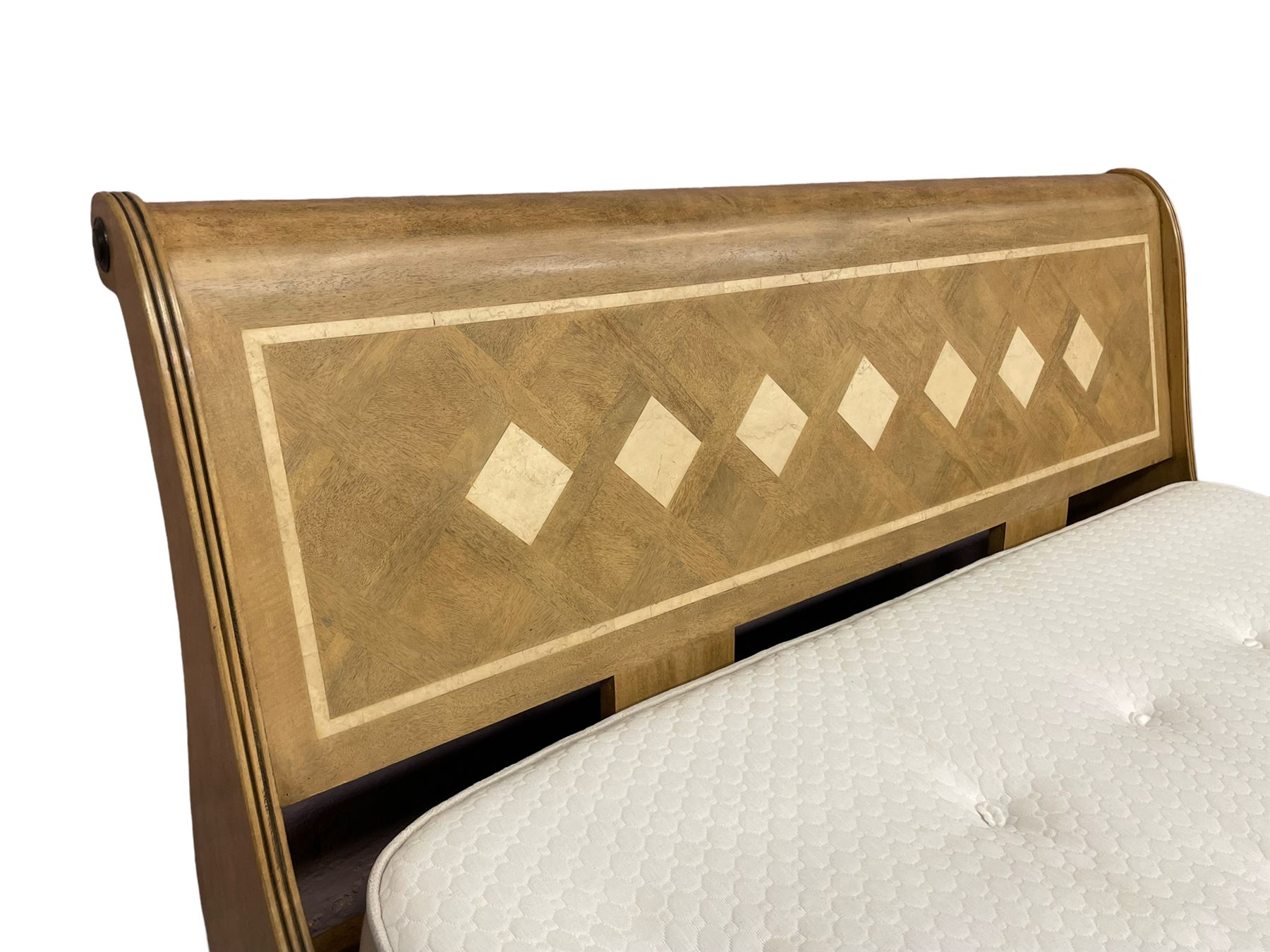 Barker & Stonehouse - 'Flagstone' 6' Superking size mango wood sleigh bed, the head and footboard inset with stone geometric inlays, scrolled and rolling reed moulded frame, on bracket feet 