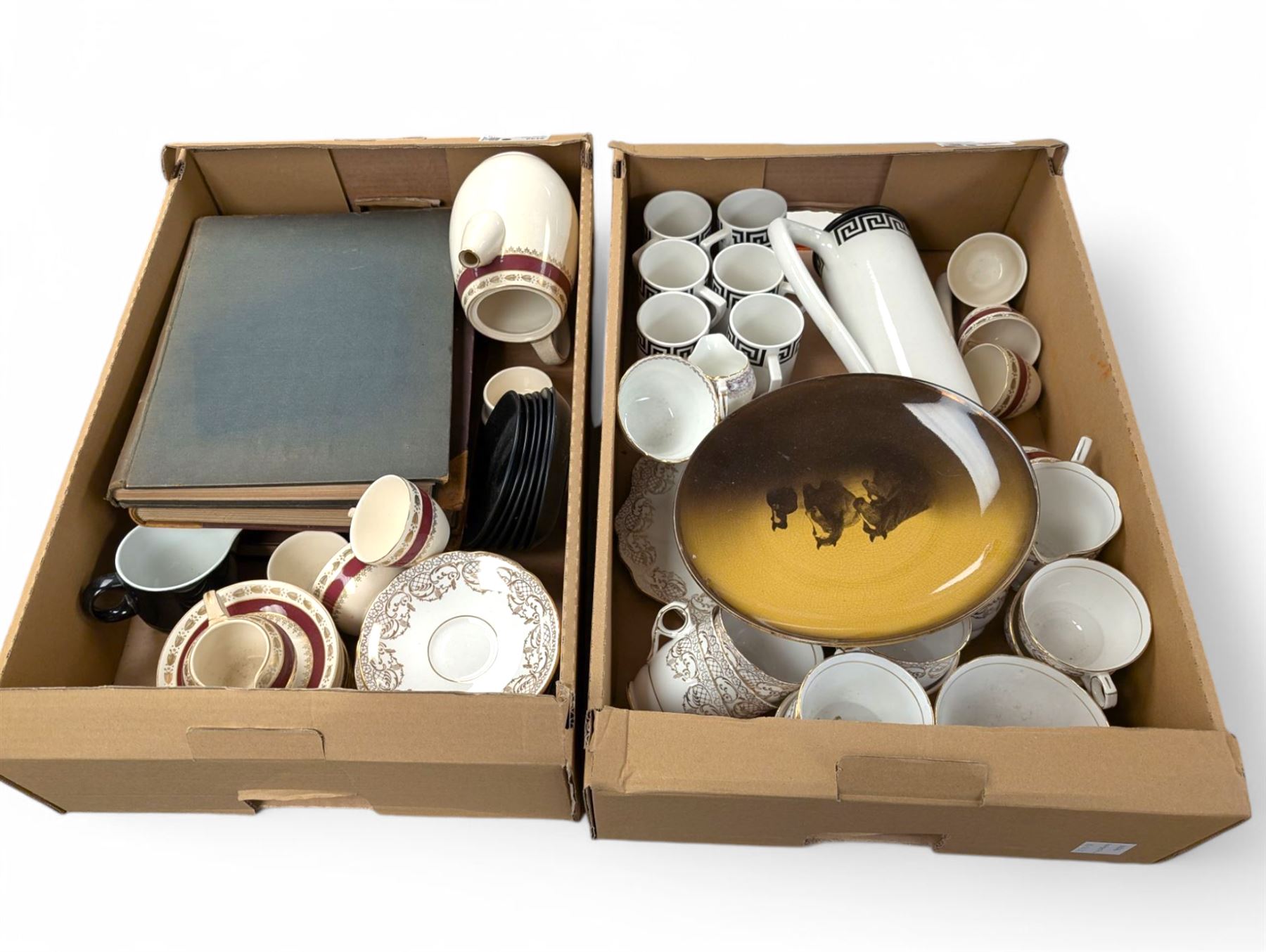 Portmeirion Greek Key pattern part coffee service, early 20th tea set, Nelson and His Times book, Navy and Army in two volumes, and other ceramics, in two boxes