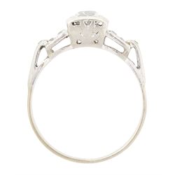 Art Deco gold and platinum diamond ring, single square set old cut diamond of approx 0.70 carat, with split design old cut diamond shoulders