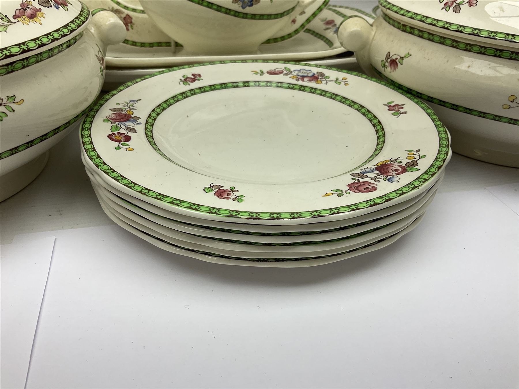 Copeland Spode, Spode's Glory pattern part dinner service, comprising two covered tureens, six dinner plates, six side plates, six dessert plates, sauce jug, three serving dishes of various sizes   