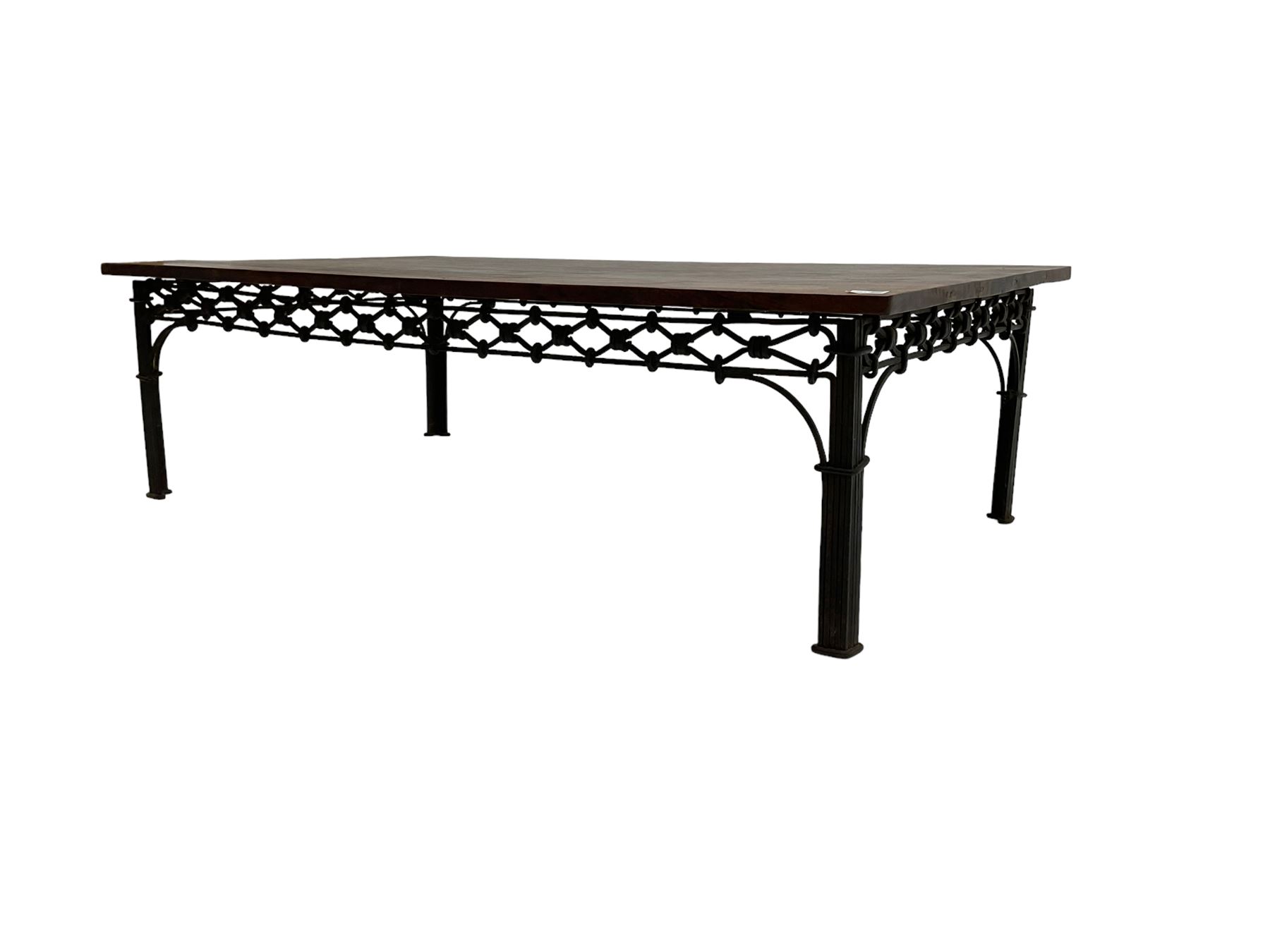 Laura Ashley - mango wood and wrought iron coffee table, the rectangular top over a pierced wrought iron frieze in repeating lozenge pattern