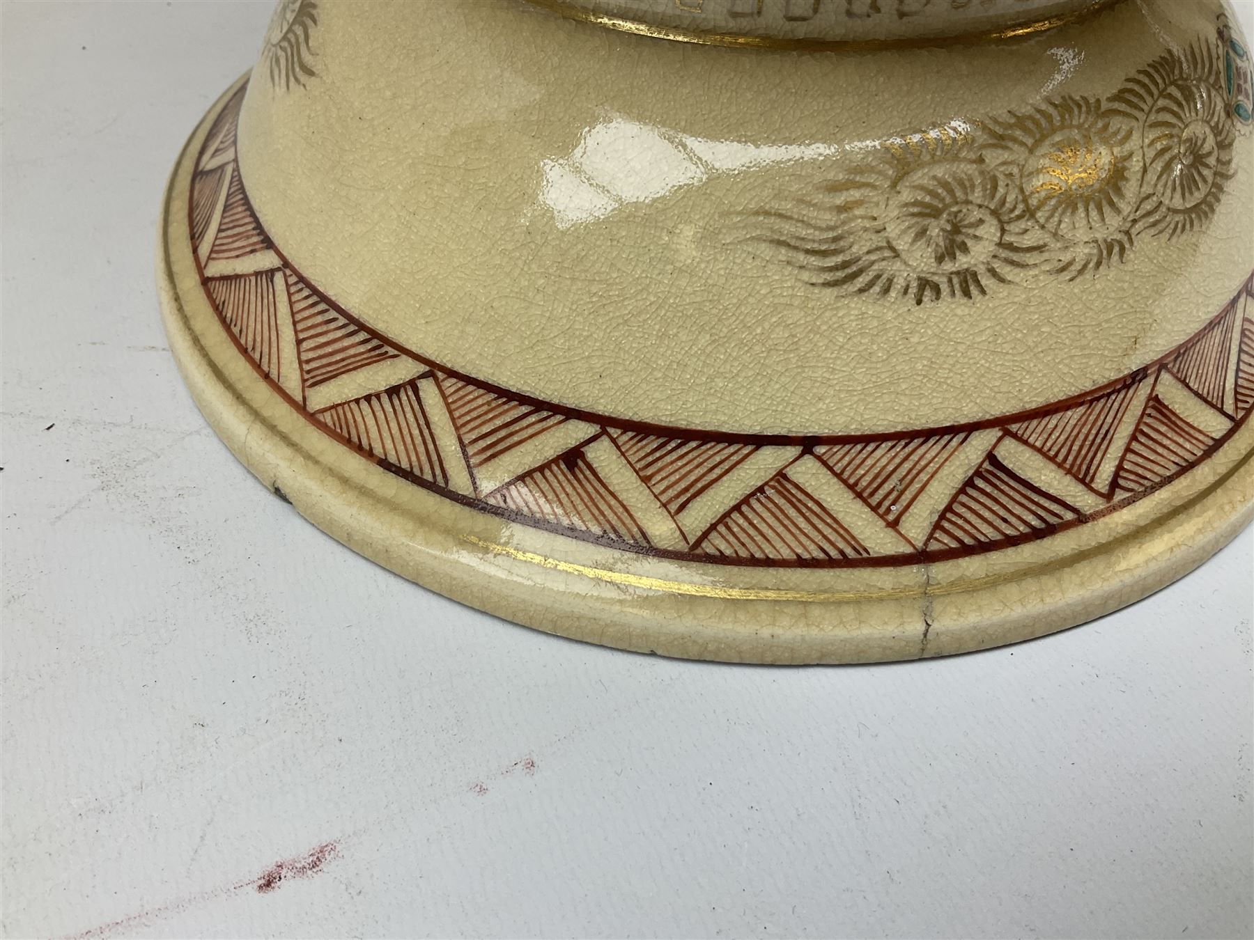 Pair early 20th Century Japanese floor vases of ovoid form, painted with warriors and elders within geometric designs and gilding, H61cm