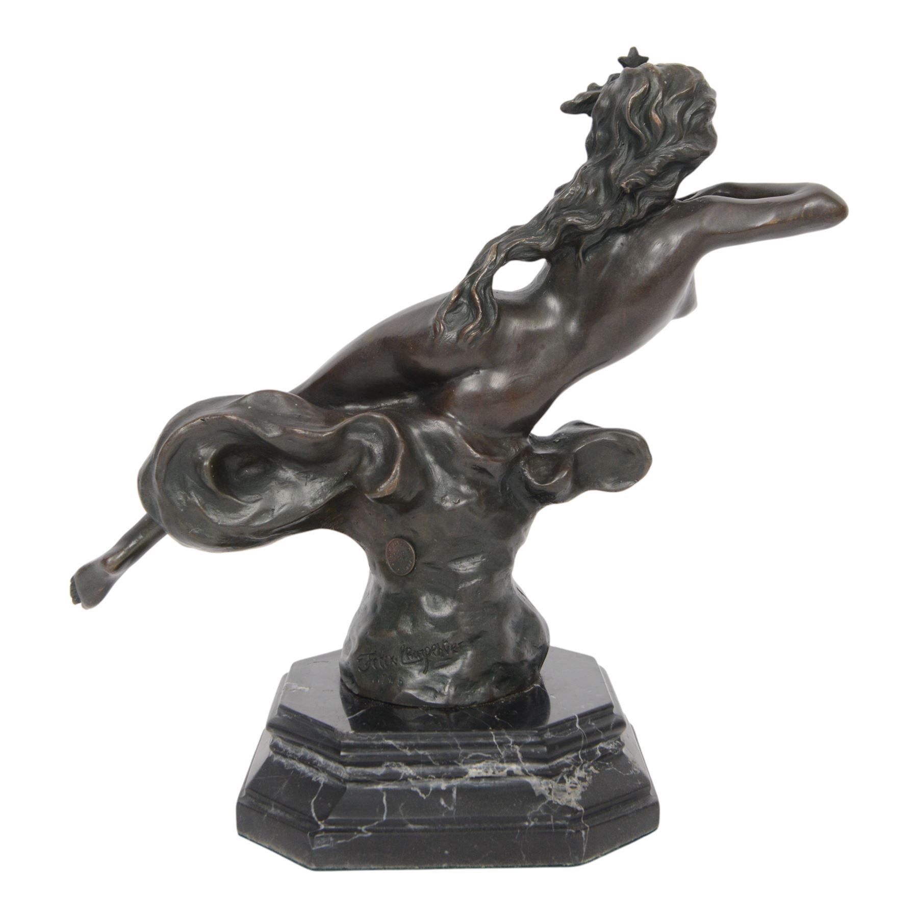 After Felix Maurice Charpentier, 'L`Etoile Filante', bronze sculpture of a female nude, with cast signature and J.B. Deposee foundry mark, upon canted marble base, H30cm
