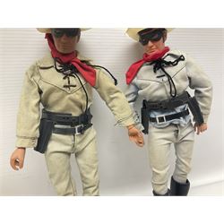 Two pairs of 1970s Lone Ranger and Tonto action figures, probably by Marx Toys; and Gabriel 'Silver' stallion horse; all unboxed (5)