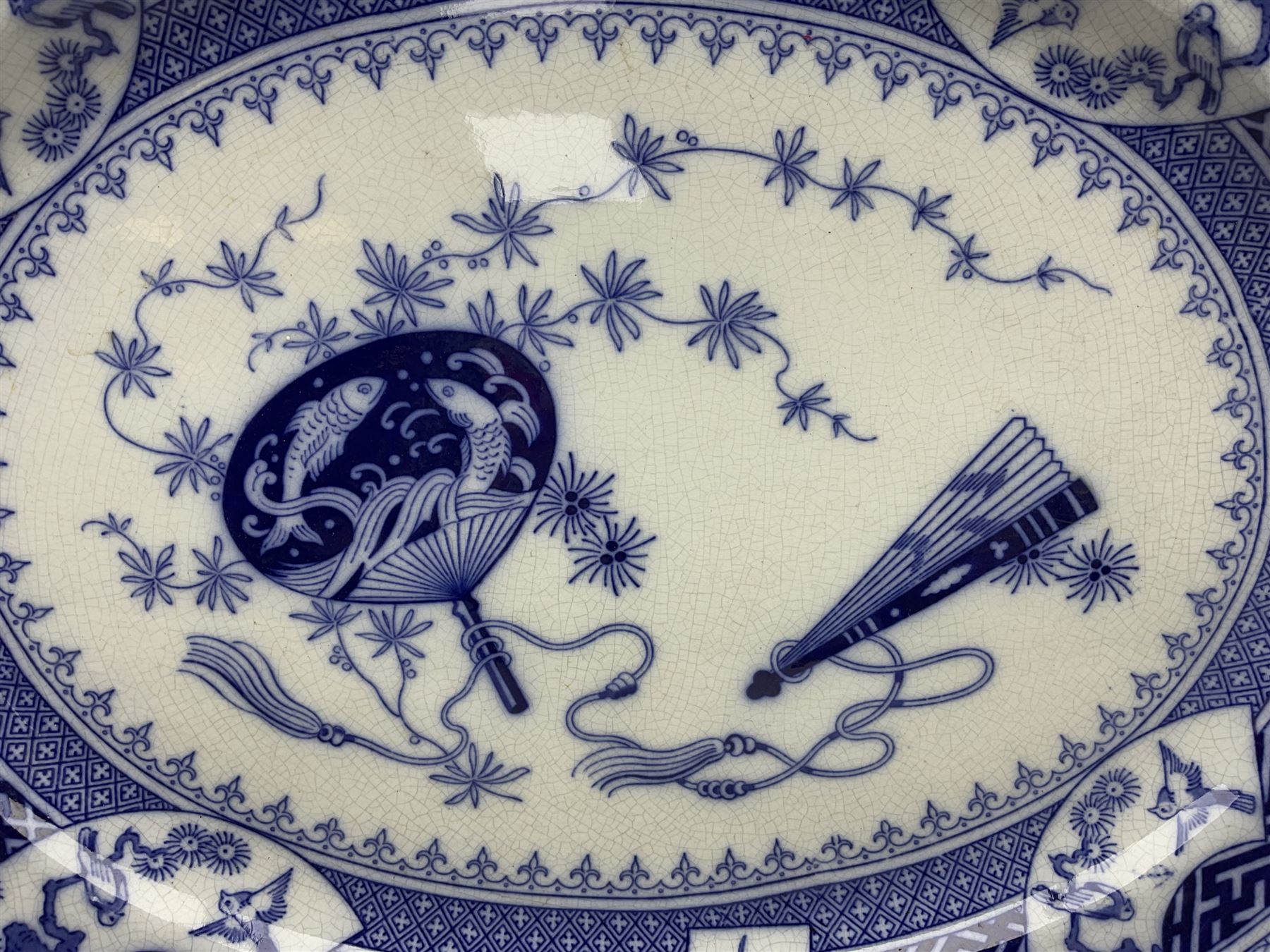 Minton Bombay pattern platter, together with Mason's meat platter, decorated with mythical beast, and two Cauldron Place Opaque China dishes 