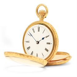 Early 20th century 18ct gold open face keyless lever fob watch, white enamel dial with Roman numeral hour markers, engraved foliate case, the cartouche monogrammed with initials HA, stamped 18K with Helvetia hallmark