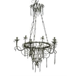 India Jane Interiors - six branch metal chandelier, the scrolled crown over circular bulbous body with six projecting branches, decorated with scroll work and glass pendants, in distressed white paint finish - ex-display/bankruptcy stock 