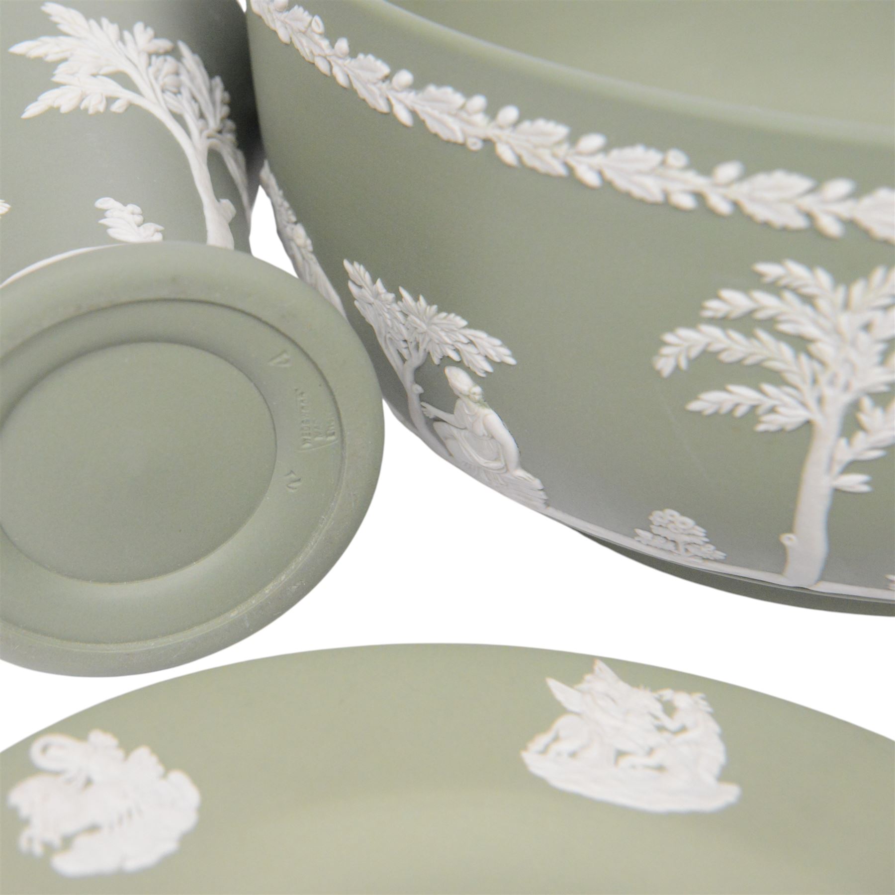 Wedgwood sage green jasperware to include Bowl, vases, covered trinket dish, plate etc