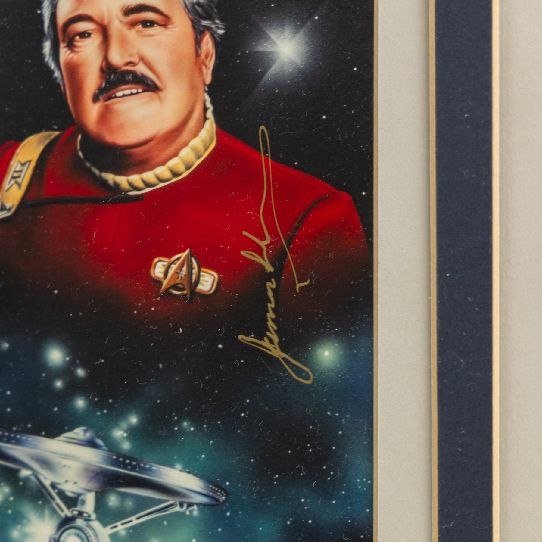 Limited edition Star Wars print 'The Voyage Begins' by Stewart Robinson numbered 516/1701, framed above three signed photographs of William Shatner as Captain James T. Kirk, Leonard Nimoy as Mr Spock and The Star Trek Legendary Four, all with certificates of authenticity verso, frame H109cm, W90cm