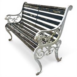 White painted cast iron slatted garden bench with 110cm wide rectangular coffee table